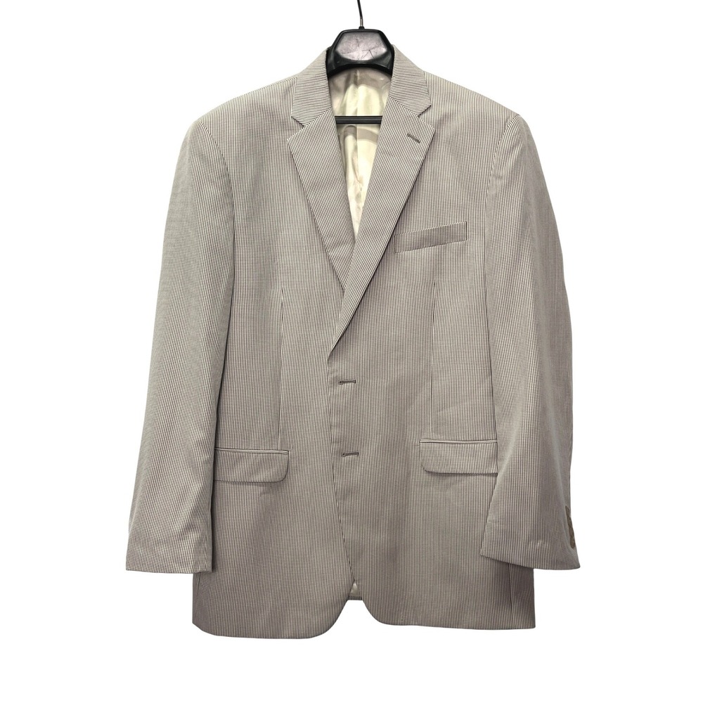 Chaps Menβ 44L Sport Coat Blazer Jacket Brown White Gingham Micro Check 2 Button